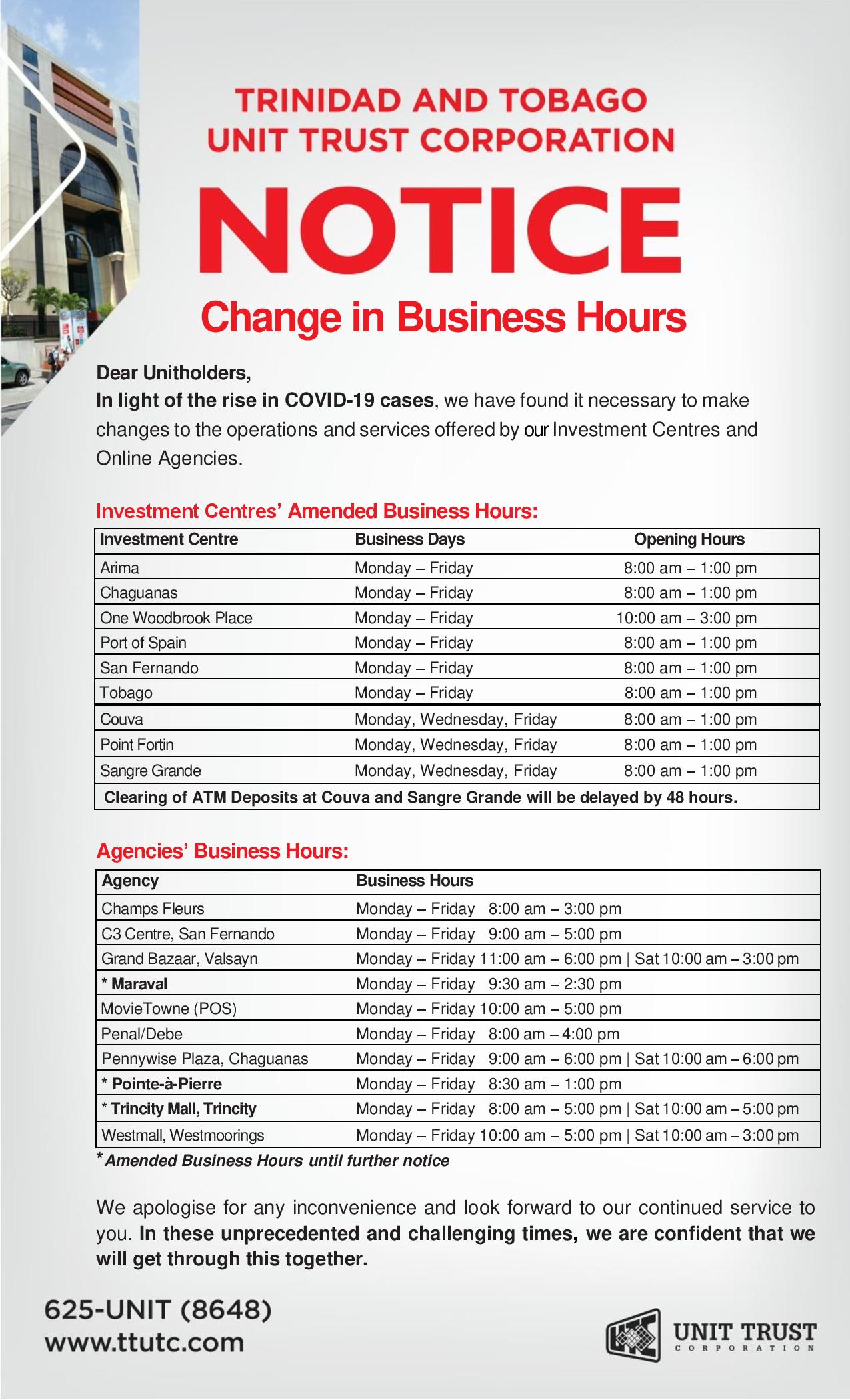 Utc Change In Business Hours Notice Unit Trust Corporation