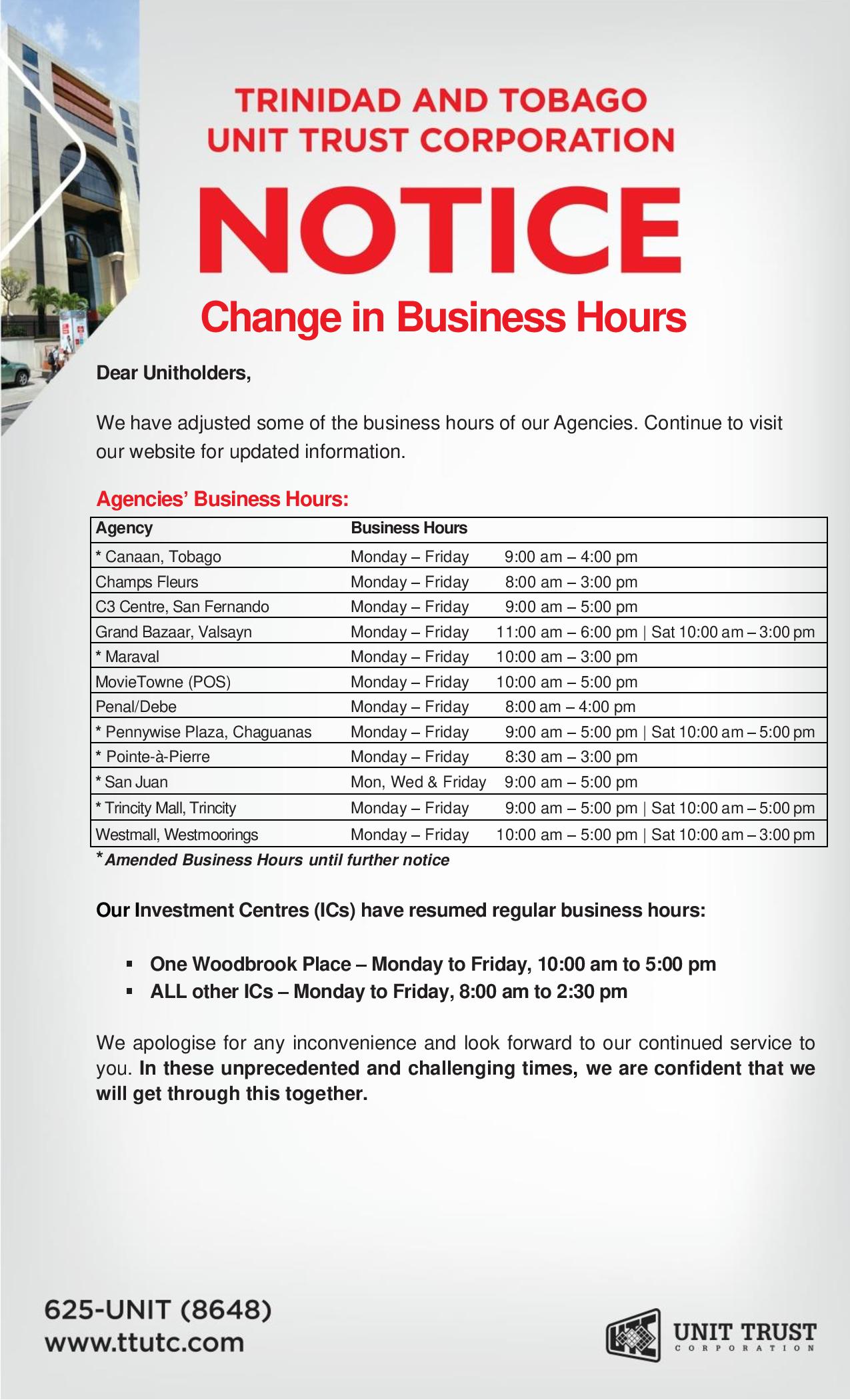 UTC Change In Business Hours Notice Unit Trust Corporation